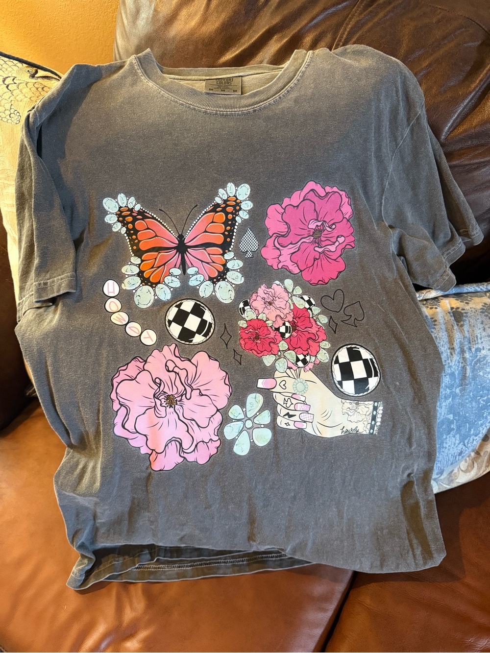 Comfort Colors Gray Tee with Pink Floral & Orange Butterfly Graphic